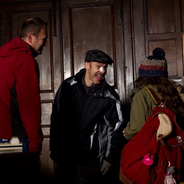 Dominic Monaghan having fun on set.